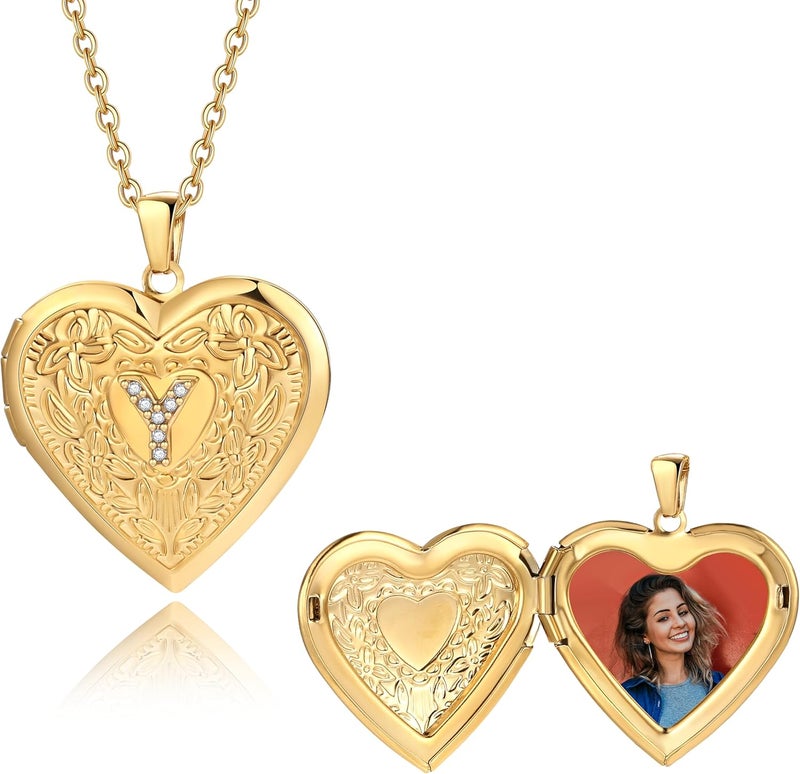 Badu Gold Initial A-Z Necklace for Women Heart Photo Lockets that Hold Picture Love Image Cubic Zirconia Necklace - Image 2
